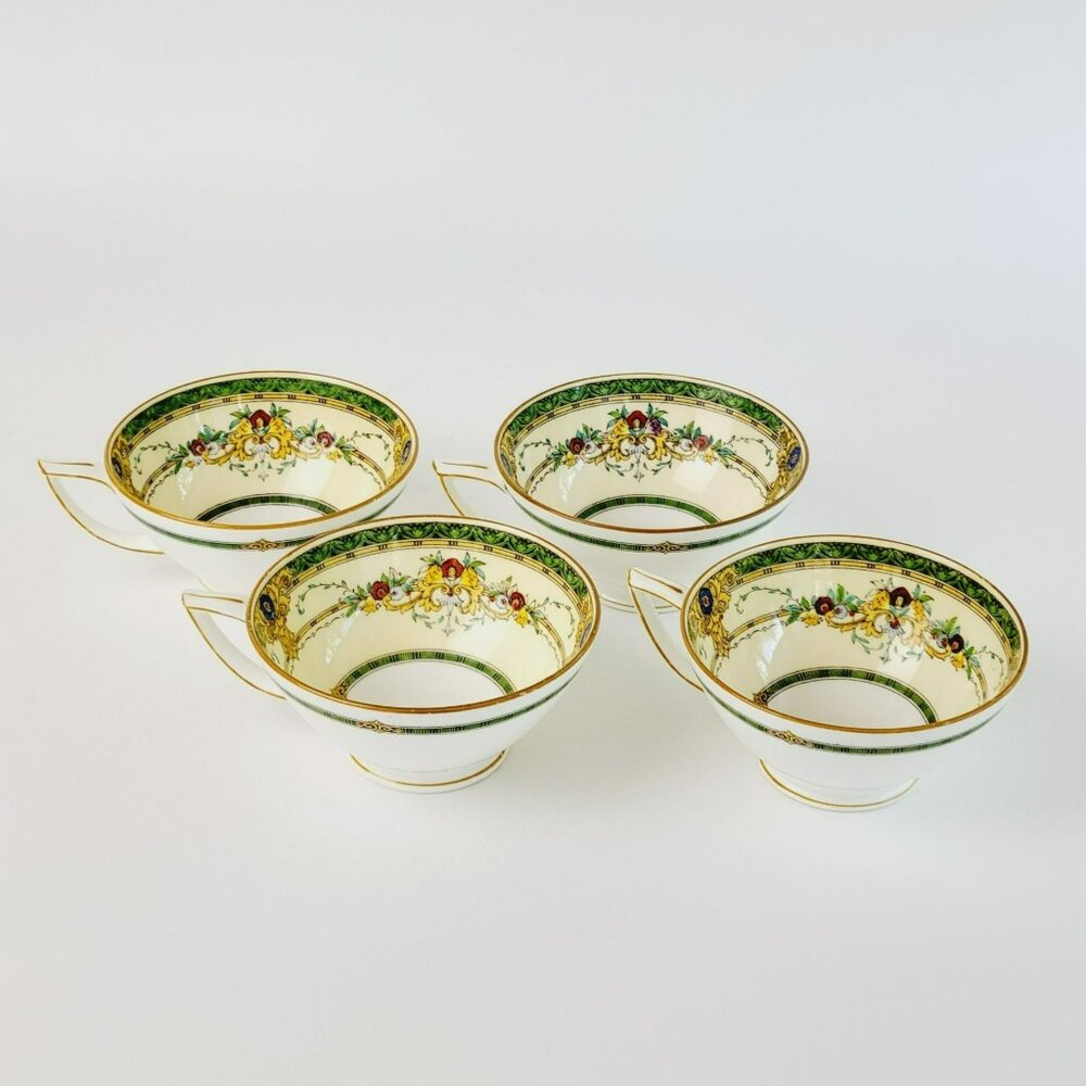 Minton Windsor Teacup Set of 4 Green Band Yellow Scrolls Red Floral England Made